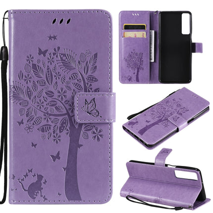 Tree & Cat Pattern Pressed Printing Horizontal Flip PU Leather Case with Holder & Card Slots & Wallet & Lanyard, For LG Stylo 7 5G / 4G, For OPPO F19 / A74 4G
