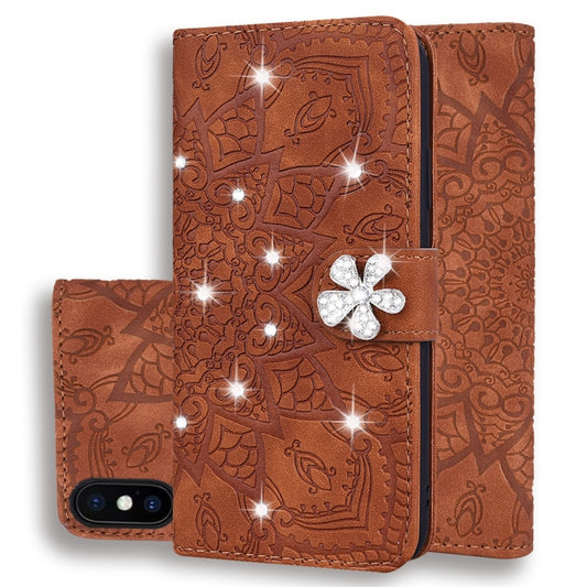 Calf Pattern Diamond Mandala Double Folding Design Embossed Leather Case with Wallet & Holder & Card Slots, For iPhone XS Max, For iPhone 11 Pro, For iPhone 11, For iPhone 11 Pro Max, For Xiaomi Redmi 7A, For Xiaomi Redmi Note 6 /