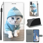 For OPPO A52 / A92 / A72 / C15 Blue Sweater White Cat
