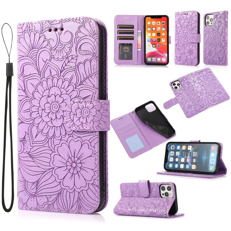 Horizontale Klapphülle aus Leder mit Sonnenblumen-Prägung, Halter, Kartenfächern, Geldbörse und Trageband, für iPhone 12, iPhone 12 Mini, iPhone 12 Pro, iPhone 12 Pro Max, iPhone 11 Pro Max