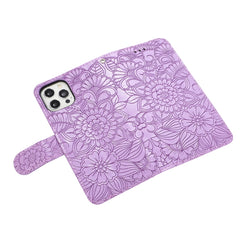 Horizontale Klapphülle aus Leder mit Sonnenblumen-Prägung, Halter, Kartenfächern, Geldbörse und Trageband, für iPhone 12, iPhone 12 Mini, iPhone 12 Pro, iPhone 12 Pro Max, iPhone 11 Pro Max