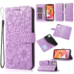 Horizontale Klapphülle aus Leder mit Sonnenblumen-Prägung, Halter, Kartenfächern, Geldbörse und Trageband, für iPhone 12, iPhone 12 Mini, iPhone 12 Pro, iPhone 12 Pro Max, iPhone 11 Pro Max