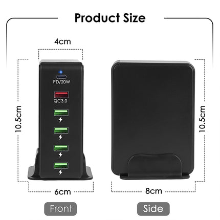 6 in 1 65W PD USB-C / Type-C + QC 3.0 USB + 4 USB Multi-port Travel Charger,, US Plug, EU Plug, UK Plug, AU Plug