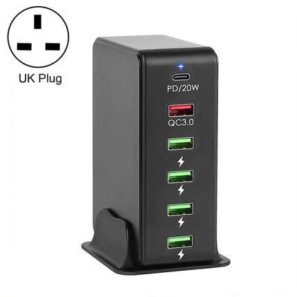 6 in 1 65W PD USB-C / Type-C + QC 3.0 USB + 4 USB Multi-port Travel Charger,, US Plug, EU Plug, UK Plug, AU Plug