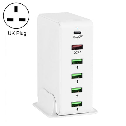6 in 1 65W PD USB-C / Type-C + QC 3.0 USB + 4 USB Multi-port Travel Charger,, US Plug, EU Plug, UK Plug, AU Plug