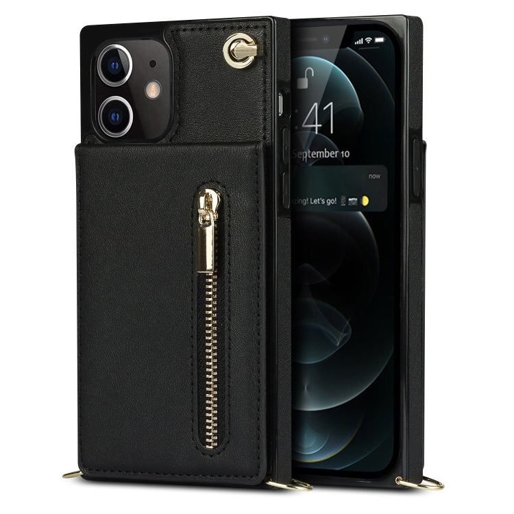 Quadratische Cross-Body-Reißverschluss-TPU+PU-Rückseitenhülle mit Halter &amp; Kartenfächern &amp; Geldbörse &amp; Gurt, für iPhone 12 Pro Max, für iPhone SE 2022 / SE 2020 / 8 / 7, für iPhone XS / X, für iPhone XR, für iPhone XS Max