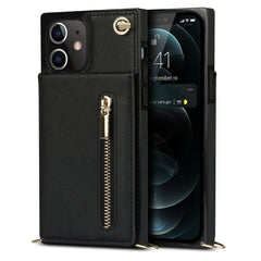 Quadratische Cross-Body-Reißverschluss-TPU+PU-Rückseitenhülle mit Halter &amp; Kartenfächern &amp; Geldbörse &amp; Gurt, für iPhone 12 Pro Max, für iPhone SE 2022 / SE 2020 / 8 / 7, für iPhone XS / X, für iPhone XR, für iPhone XS Max