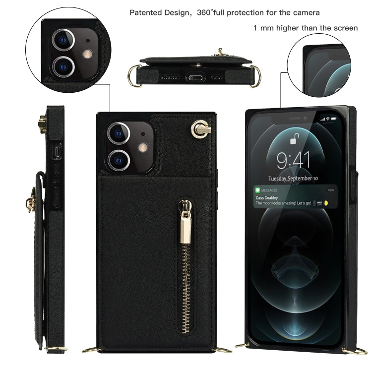 Quadratische Cross-Body-Reißverschluss-TPU+PU-Rückseitenhülle mit Halter &amp; Kartenfächern &amp; Geldbörse &amp; Gurt, für iPhone 12 Pro Max, für iPhone SE 2022 / SE 2020 / 8 / 7, für iPhone XS / X, für iPhone XR, für iPhone XS Max