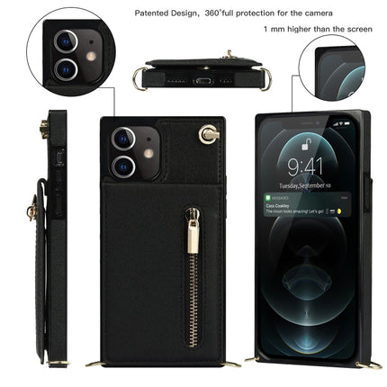 Quadratische Cross-Body-Reißverschluss-TPU+PU-Rückseitenhülle mit Halter &amp; Kartenfächern &amp; Geldbörse &amp; Gurt, für iPhone 12 Pro Max, für iPhone SE 2022 / SE 2020 / 8 / 7, für iPhone XS / X, für iPhone XR, für iPhone XS Max