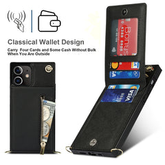 Quadratische Cross-Body-Reißverschluss-TPU+PU-Rückseitenhülle mit Halter &amp; Kartenfächern &amp; Geldbörse &amp; Gurt, für iPhone 12 Pro Max, für iPhone SE 2022 / SE 2020 / 8 / 7, für iPhone XS / X, für iPhone XR, für iPhone XS Max