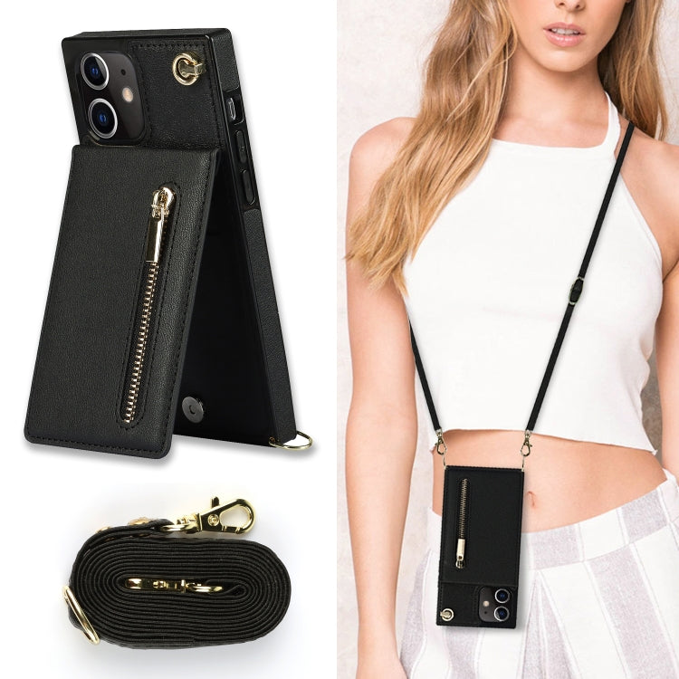 Quadratische Cross-Body-Reißverschluss-TPU+PU-Rückseitenhülle mit Halter &amp; Kartenfächern &amp; Geldbörse &amp; Gurt, für iPhone 12 Pro Max, für iPhone SE 2022 / SE 2020 / 8 / 7, für iPhone XS / X, für iPhone XR, für iPhone XS Max
