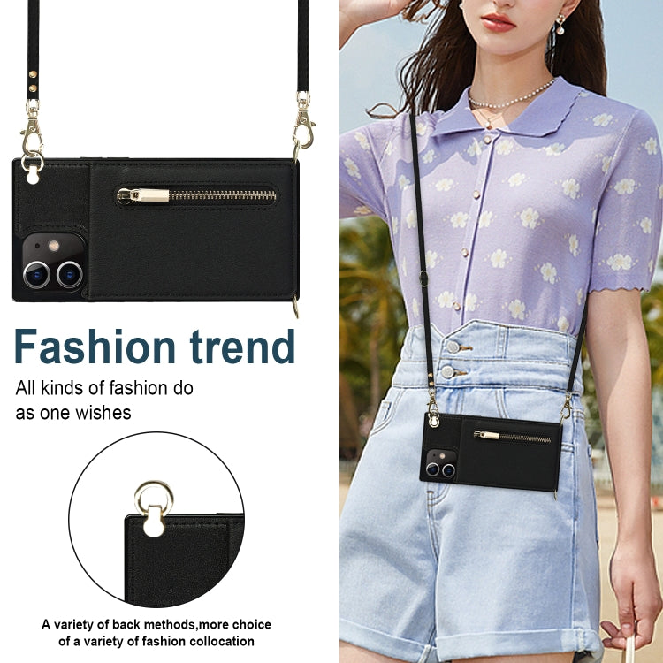 Quadratische Cross-Body-Reißverschluss-TPU+PU-Rückseitenhülle mit Halter &amp; Kartenfächern &amp; Geldbörse &amp; Gurt, für iPhone 12 Pro Max, für iPhone SE 2022 / SE 2020 / 8 / 7, für iPhone XS / X, für iPhone XR, für iPhone XS Max