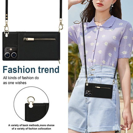 Quadratische Cross-Body-Reißverschluss-TPU+PU-Rückseitenhülle mit Halter &amp; Kartenfächern &amp; Geldbörse &amp; Gurt, für iPhone 12 Pro Max, für iPhone SE 2022 / SE 2020 / 8 / 7, für iPhone XS / X, für iPhone XR, für iPhone XS Max