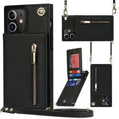 Quadratische Cross-Body-Reißverschluss-TPU+PU-Rückseitenhülle mit Halter &amp; Kartenfächern &amp; Geldbörse &amp; Gurt, für iPhone 12 Pro Max, für iPhone SE 2022 / SE 2020 / 8 / 7, für iPhone XS / X, für iPhone XR, für iPhone XS Max