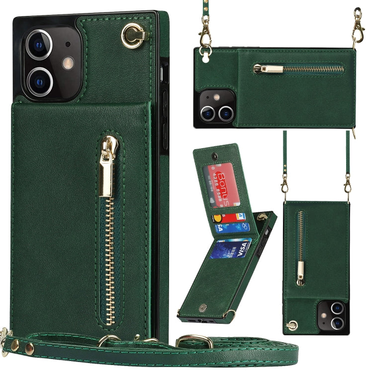 Quadratische Cross-Body-Reißverschluss-TPU+PU-Rückseitenhülle mit Halter &amp; Kartenfächern &amp; Geldbörse &amp; Gurt, für iPhone 12 Pro Max, für iPhone SE 2022 / SE 2020 / 8 / 7, für iPhone XS / X, für iPhone XR, für iPhone XS Max