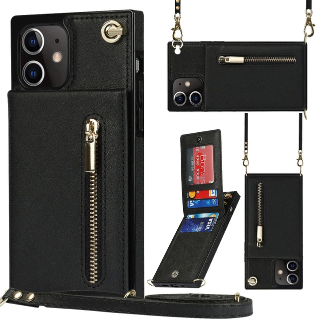 Quadratische Cross-Body-Reißverschluss-TPU+PU-Rückseitenhülle mit Halter &amp; Kartenfächern &amp; Geldbörse &amp; Gurt, für iPhone 12 Pro Max, für iPhone SE 2022 / SE 2020 / 8 / 7, für iPhone XS / X, für iPhone XR, für iPhone XS Max