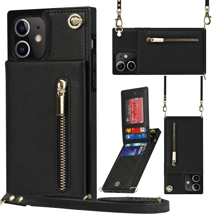 Quadratische Cross-Body-Reißverschluss-TPU+PU-Rückseitenhülle mit Halter &amp; Kartenfächern &amp; Geldbörse &amp; Gurt, für iPhone 12 Pro Max, für iPhone SE 2022 / SE 2020 / 8 / 7, für iPhone XS / X, für iPhone XR, für iPhone XS Max