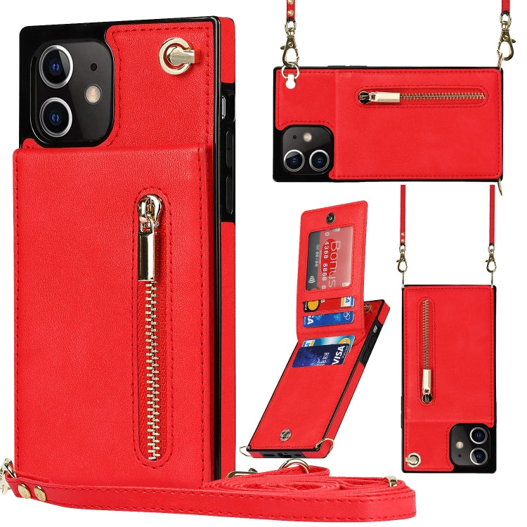 Quadratische Cross-Body-Reißverschluss-TPU+PU-Rückseitenhülle mit Halter &amp; Kartenfächern &amp; Geldbörse &amp; Gurt, für iPhone 12 Pro Max, für iPhone SE 2022 / SE 2020 / 8 / 7, für iPhone XS / X, für iPhone XR, für iPhone XS Max