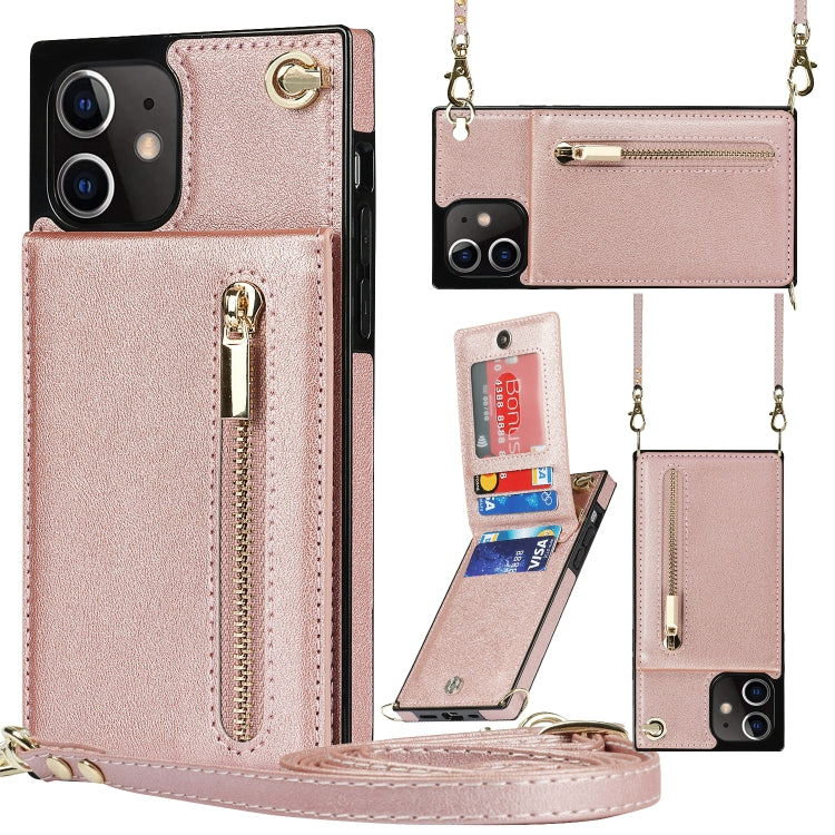 Quadratische Cross-Body-Reißverschluss-TPU+PU-Rückseitenhülle mit Halter &amp; Kartenfächern &amp; Geldbörse &amp; Gurt, für iPhone 12 Pro Max, für iPhone SE 2022 / SE 2020 / 8 / 7, für iPhone XS / X, für iPhone XR, für iPhone XS Max