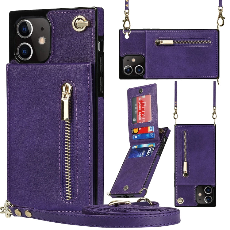 Quadratische Cross-Body-Reißverschluss-TPU+PU-Rückseitenhülle mit Halter &amp; Kartenfächern &amp; Geldbörse &amp; Gurt, für iPhone 12 Pro Max, für iPhone SE 2022 / SE 2020 / 8 / 7, für iPhone XS / X, für iPhone XR, für iPhone XS Max