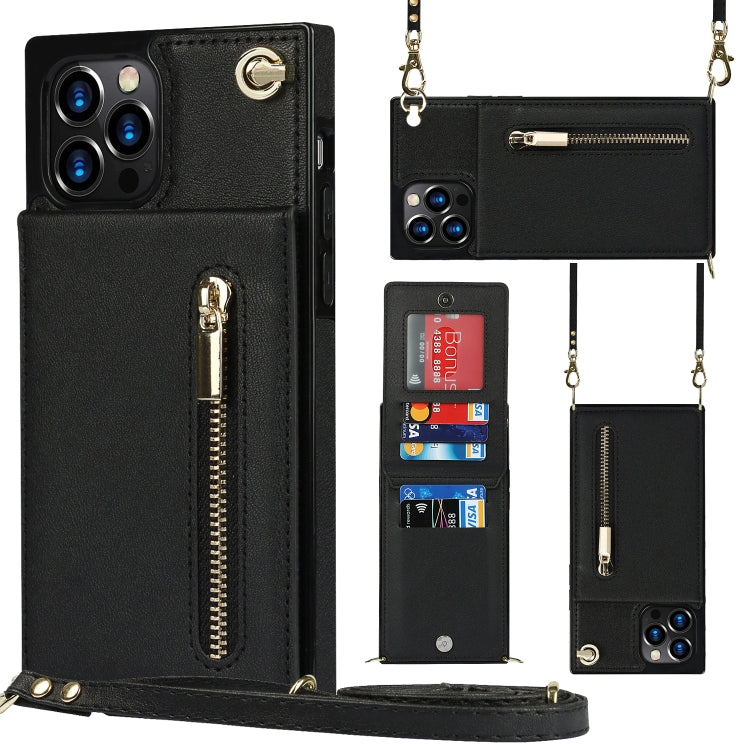 Quadratische Cross-Body-Reißverschluss-TPU+PU-Rückseitenhülle mit Halter &amp; Kartenfächern &amp; Geldbörse &amp; Gurt, für iPhone 12 Pro Max, für iPhone SE 2022 / SE 2020 / 8 / 7, für iPhone XS / X, für iPhone XR, für iPhone XS Max