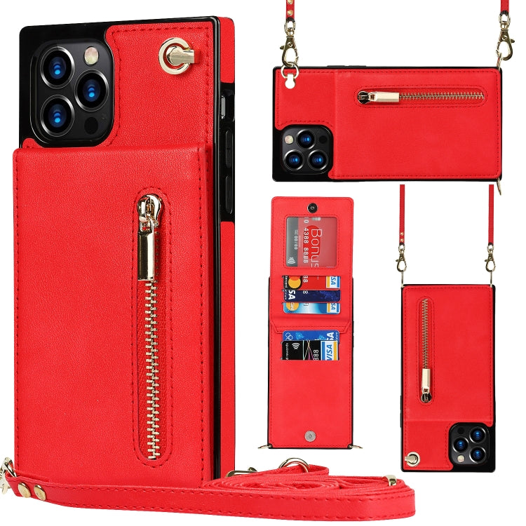 Quadratische Cross-Body-Reißverschluss-TPU+PU-Rückseitenhülle mit Halter &amp; Kartenfächern &amp; Geldbörse &amp; Gurt, für iPhone 12 Pro Max, für iPhone SE 2022 / SE 2020 / 8 / 7, für iPhone XS / X, für iPhone XR, für iPhone XS Max