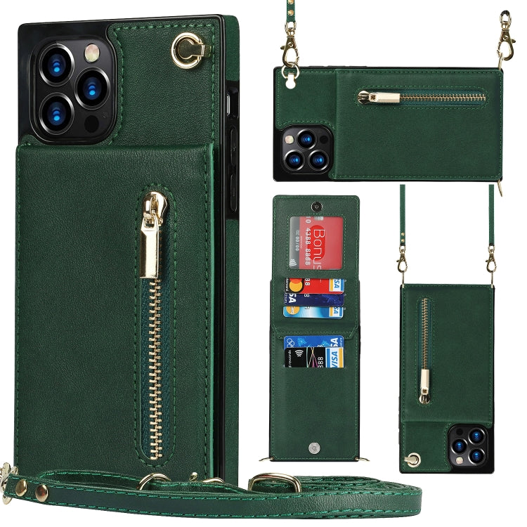 Quadratische Cross-Body-Reißverschluss-TPU+PU-Rückseitenhülle mit Halter &amp; Kartenfächern &amp; Geldbörse &amp; Gurt, für iPhone 12 Pro Max, für iPhone SE 2022 / SE 2020 / 8 / 7, für iPhone XS / X, für iPhone XR, für iPhone XS Max