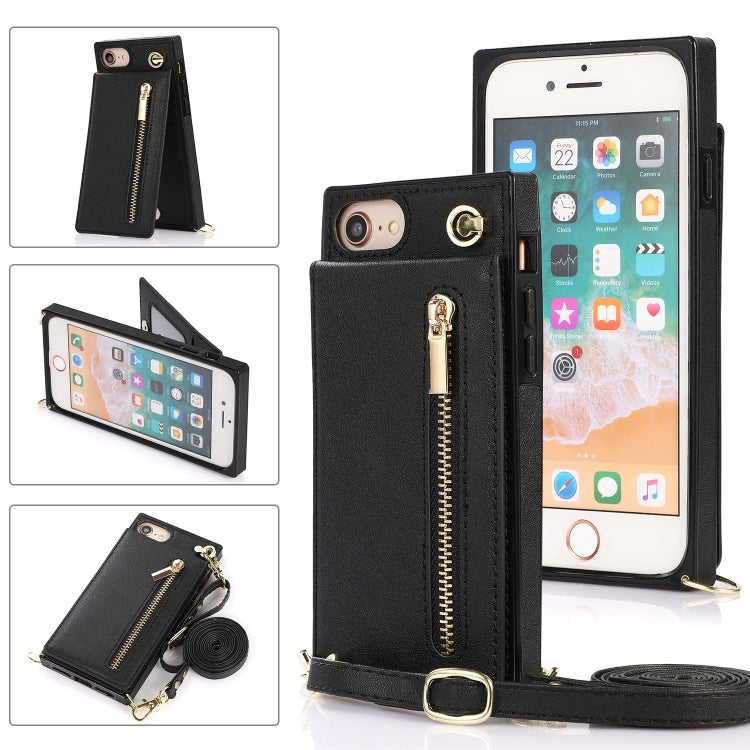Quadratische Cross-Body-Reißverschluss-TPU+PU-Rückseitenhülle mit Halter &amp; Kartenfächern &amp; Geldbörse &amp; Gurt, für iPhone 12 Pro Max, für iPhone SE 2022 / SE 2020 / 8 / 7, für iPhone XS / X, für iPhone XR, für iPhone XS Max