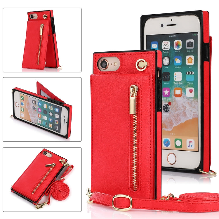 Quadratische Cross-Body-Reißverschluss-TPU+PU-Rückseitenhülle mit Halter &amp; Kartenfächern &amp; Geldbörse &amp; Gurt, für iPhone 12 Pro Max, für iPhone SE 2022 / SE 2020 / 8 / 7, für iPhone XS / X, für iPhone XR, für iPhone XS Max