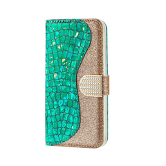 Estuche de cuero con tapa horizontal con textura de cocodrilo a juego con purpurina láser en polvo, ranuras para tarjetas, soporte y billetera, para iPhone 13 Pro Max, para iPhone 13 Pro, para iPhone 13, para iPhone 13 mini