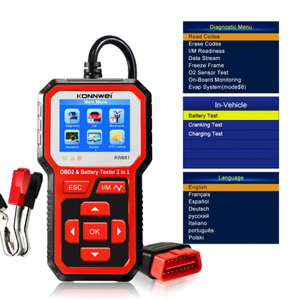 KONNWEI KW681 Car 2.4 inch TFT Screen OBD Fault Diagnosis + 6V-12V Battery Tester Support 9 Languages, KW681