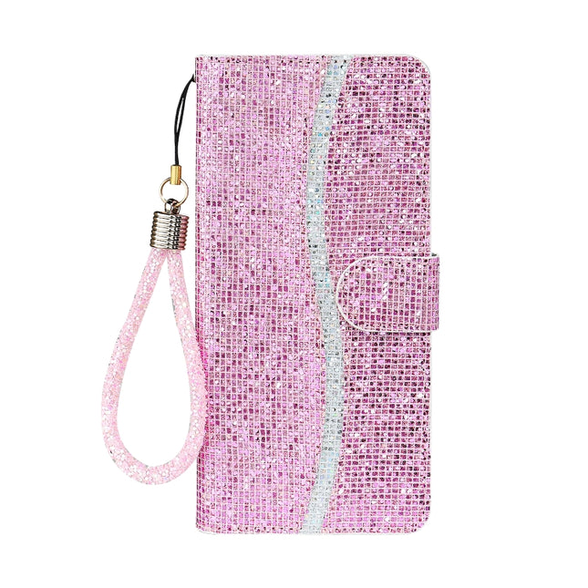 Horizontale Flip-Lederhülle mit Glitzerpuder, Kartenfächern, Halter und Trageband, für iPhone 13 mini, für iPhone 13, für iPhone 13 Pro, für iPhone 13 Pro Max, für Samsung Galaxy A03s (EU-Version)