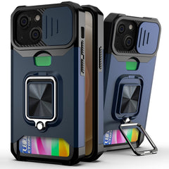 Funda de PC + TPU con diseño de cubierta de cámara deslizante a prueba de golpes con soporte para anillo y ranura para tarjeta, para iPhone 13 mini, para iPhone 13, para iPhone 13 Pro, para iPhone XS / X