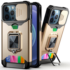 Funda de PC + TPU con diseño de cubierta de cámara deslizante a prueba de golpes con soporte para anillo y ranura para tarjeta, para iPhone 13 mini, para iPhone 13, para iPhone 13 Pro, para iPhone XS / X