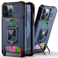 Funda de PC + TPU con diseño de cubierta de cámara deslizante a prueba de golpes con soporte para anillo y ranura para tarjeta, para iPhone 13 mini, para iPhone 13, para iPhone 13 Pro, para iPhone XS / X