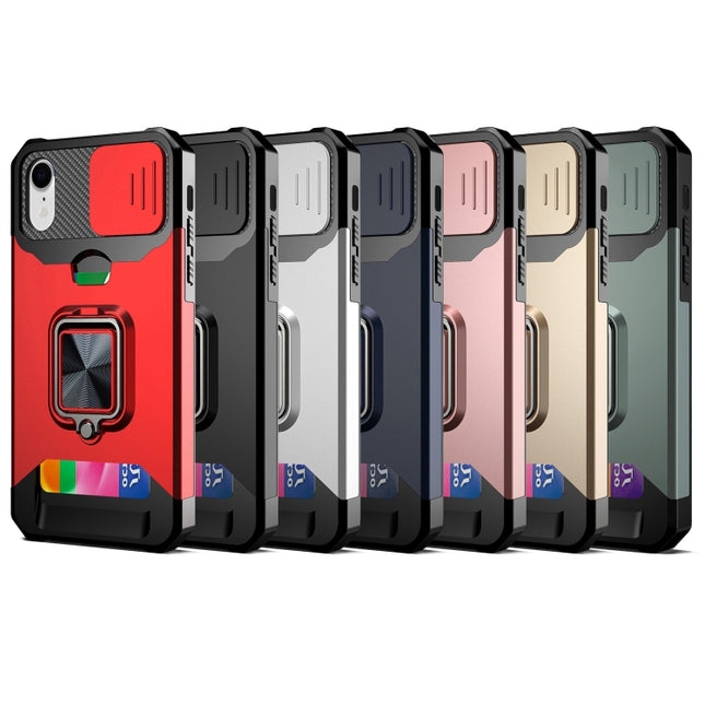 Schiebekamera-Abdeckungsdesign, stoßfeste PC + TPU-Hülle mit Ringhalter und Kartensteckplatz, für iPhone XR, für iPhone 11 Pro, für iPhone 11 Pro Max, für iPhone 12/12 Pro