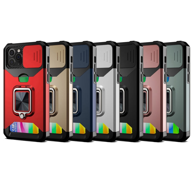 Funda de PC + TPU con diseño de cubierta de cámara deslizante a prueba de golpes con soporte para anillo y ranura para tarjeta, para iPhone 12 Pro Max, para iPhone 13 Pro Max, para iPhone 11, para iPhone XS Max
