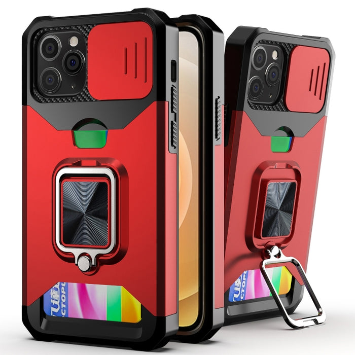 Funda de PC + TPU con diseño de cubierta de cámara deslizante a prueba de golpes con soporte para anillo y ranura para tarjeta, para iPhone 12 Pro Max, para iPhone 13 Pro Max, para iPhone 11, para iPhone XS Max