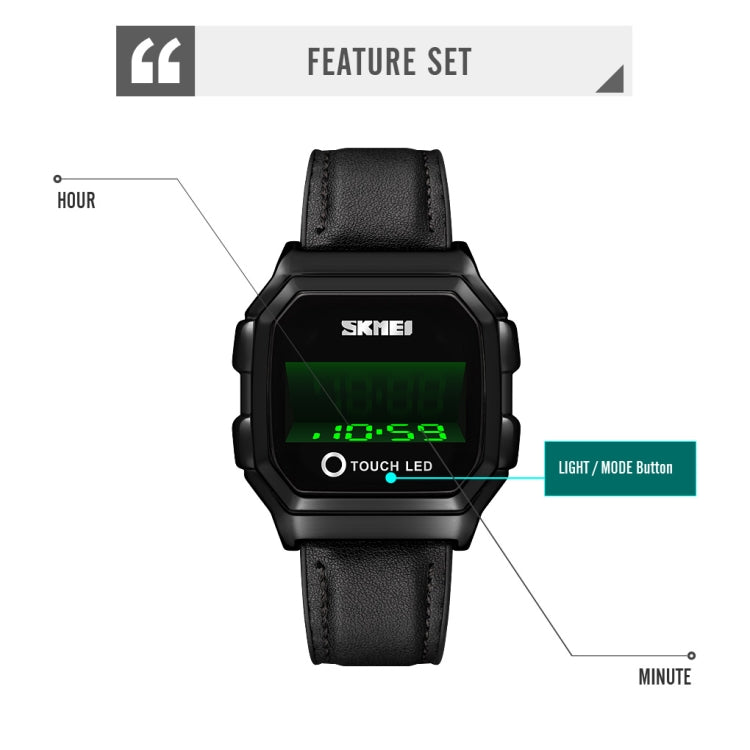 SKMEI 1650 Leather Strap Version LED Digital Display Electronic Watch with Touch Luminous Button