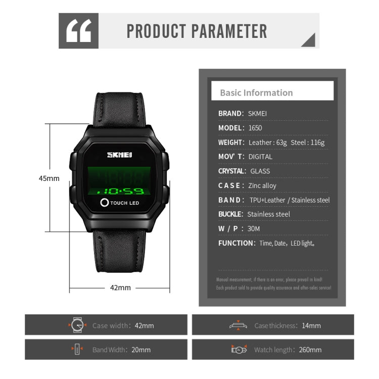 SKMEI 1650 Leather Strap Version LED Digital Display Electronic Watch with Touch Luminous Button