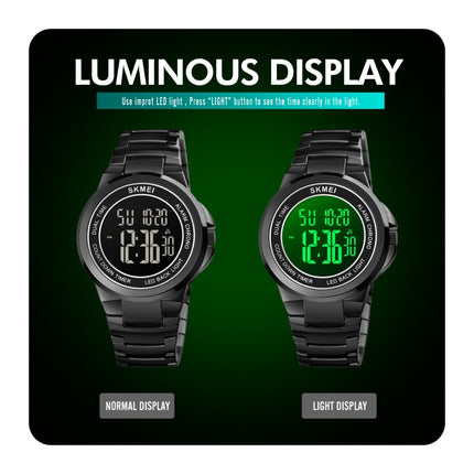 SKMEI 1712 Dual Time LED Digital Display Luminous Stainless Steel Strap Electronic Watch
