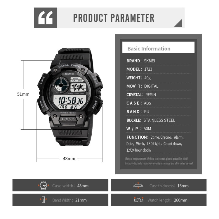 SKMEI 1723 Dual Time LED Digital Display Timing Luminous Electronic Watch