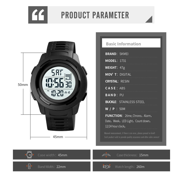 SKMEI 1731 Triplicate Round Dial LED Dual Time Digital Display Luminous Electronic Watch