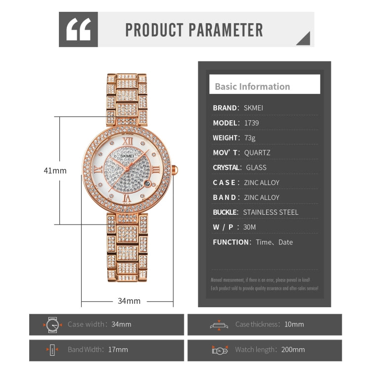 SKMEI 1739 Diamond Roman Numerals Round Dial Quartz Watch for Ladies
