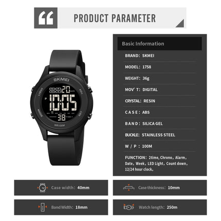 SKMEI 1758 Multifunctional LED Digital Display Luminous Silicone Strap Electronic Watch