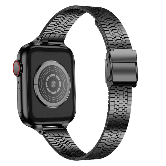 14mm Seven-beads Double Safety Buckle Slim Steel Replacement Strap Watchband For Apple Watch Series, 7 41mm / 6 & SE & 5 & 4 40mm / 3 & 2 & 1 38mm, 7 45mm / 6 & SE & 5 & 4 44mm / 3 & 2 & 1 42mm