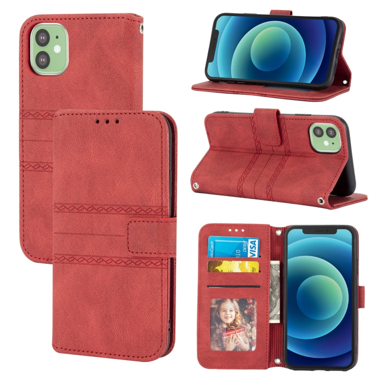 Embossed Striped Magnetic Buckle PU + TPU Horizontal Flip Leather Case with Holder & Card Slot & Wallet & Photo Frame & Sling, For iPhone 12 Pro, For iPhone 12 Pro Max, For iPhone 11, For iPhone 11 Pro