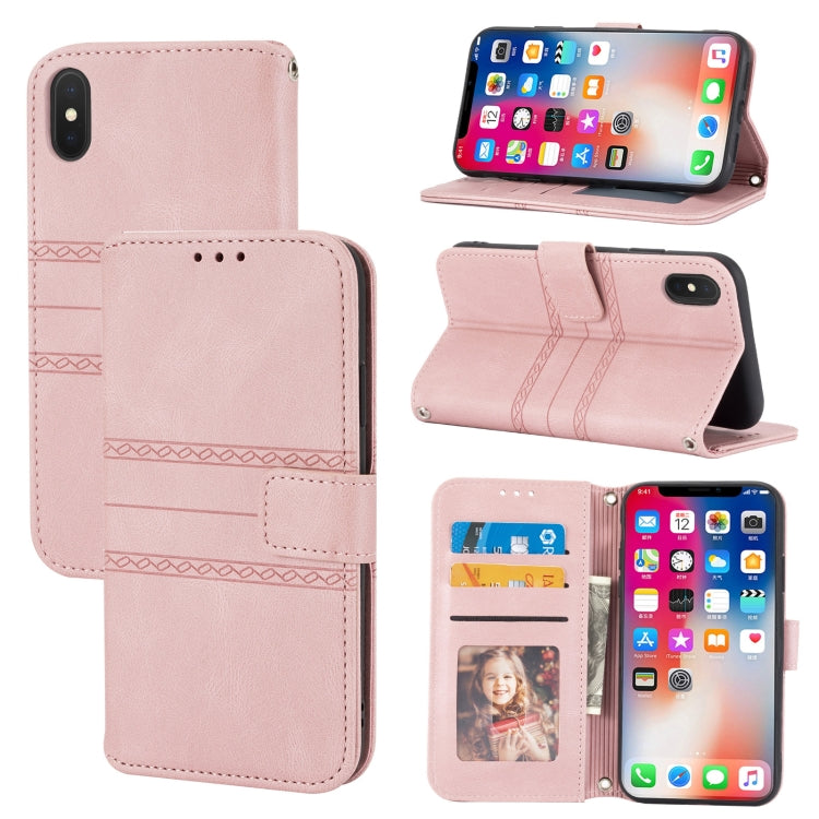 Embossed Striped Magnetic Buckle PU + TPU Horizontal Flip Leather Case with Holder & Card Slot & Wallet & Photo Frame & Sling, For iPhone XS Max, For iPhone XR, For iPhone 8 / 7 / 6, For iPhone 8 Plus / 7 Plus / 6 Plus