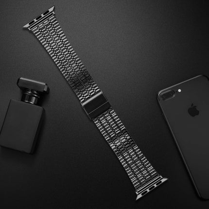 Seven-beads Double Safety Buckle Steel Replacement Strap Watchband For Apple Watch Series, 7 41mm / 6 & SE & 5 & 4 40mm / 3 & 2 & 1 38mm, 7 45mm / 6 & SE & 5 & 4 44mm / 3 & 2 & 1 42mm