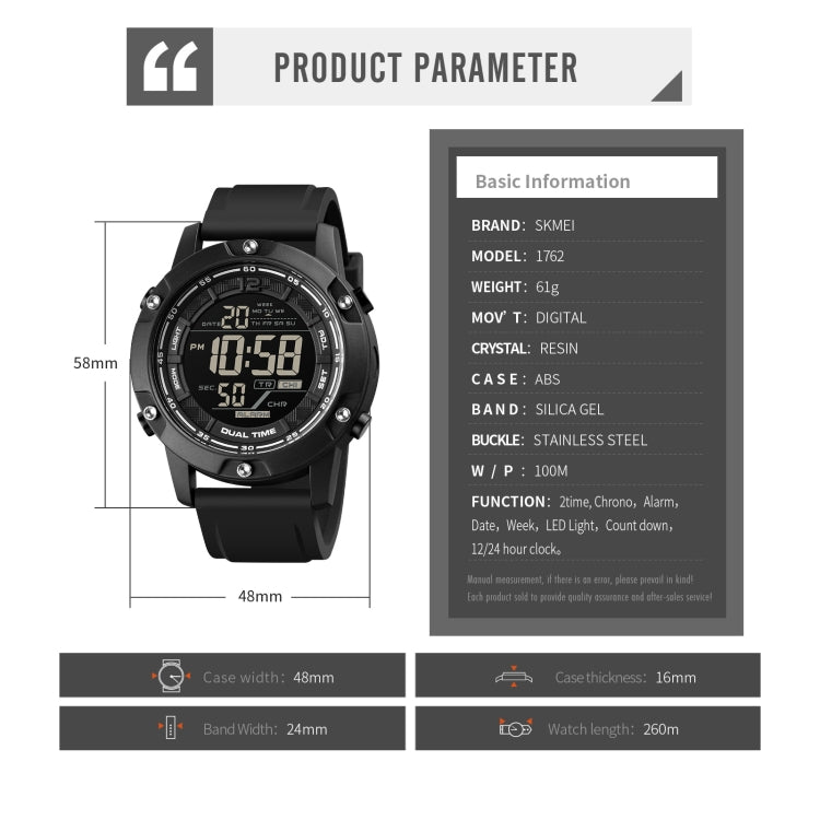 SKMEI 1762 Triplicate Round LED Dual Time Digital Display Waterproof Luminous Electronic Watch, SKMEI 1762